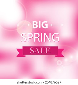 Big spring sale text on pink blurred background, vector illustration