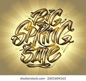Big spring sale vector banner mockup with hand drawn lettering, golden colored