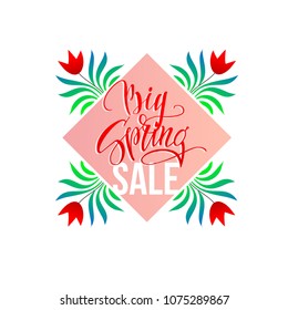 Big spring sale vector design banner. Sale banner on a pink background with flowers.