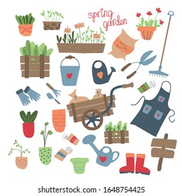 Big spring set of different garden stuff. Wheelbarrow, bag, apron, marina, rake, garden shears, seedling, flowerpot, seeds, flowers in a pot, shovel, bucket and other things