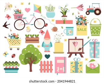 Big spring set. Vector garden tools, flowers. Flat design. Cute icons for a website, app or ad. Birds, plants, insects, and Easter items.