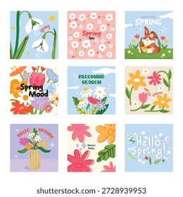 Coleção de adesivos Big Spring. Olá, citações da primavera. Cartão floral de saudação primavera com mão desenhado elementos decorativos. Fundo botânico conjunto com flores abstratas