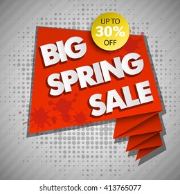 Big spring Super Sale ever balloons banner in pop-art style. Paper style. Web vector template background. Up to 30% off. Advertising poster. Special Offer. End of season