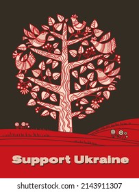 Big spring tree with birds. Ukraine symbol of life. Stand with Ukraine poster in red and black colors. Vector template. 
