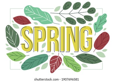 Big spring word surrounded by green fresh leaves of European forests vector flat style illustration isolated on white, beauty of nature concept.