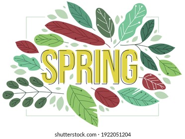 Big spring word surrounded by green fresh leaves of European forests vector flat style illustration isolated on white, beauty of nature concept.