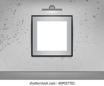 Big square empty canvas, black frame and backlight on a gray wall with grunje texture. Template for your design, business presentation, placards, photos. Vector eps 10.