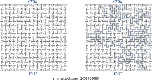 Big square labyrinth. Maze of high complexity with solution. Black and white complex riddle with very high level of difficulty. Nice brainstorm puzzle.