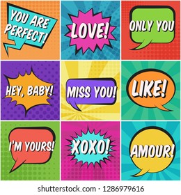 Big square St. Valentines retro comic speech bubbles set with colorful LOVE, XOXO, ONLY YOU, AMOUR words. Bright balloons with halftone shadow in pop art style for lovely advertisement, comics book