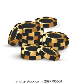 Big stack of black with gold  poker chips, tokens on white background. Vector illustration for casino, game design, flyer, poster, banner, web, advertising.