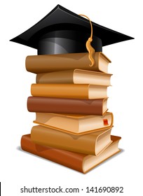 Big stack of books with graduation cap