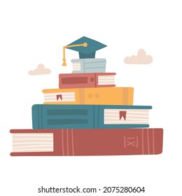 Big stack of books with graduation cap. Graduation and education concept. Vector flat hand drawn illustration