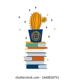 Big stack of books on which there is a houseplant. Home items books, cactus, textbooks. Hand drawn vector illustration. Icon or logo on the topic of reading and literature.