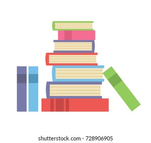 Big stack of books on white background, flat style vector illustration.
