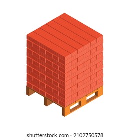 Big stack of bricks located on pallet isometric vector illustration