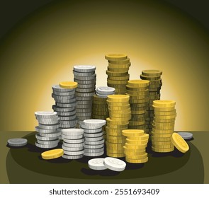 big stack of coin metal money 3D realistic money, cash, treasure pile, payment signs, bank, finance symbols vector flat illustration on dark background with light shine from behind