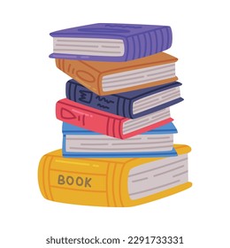 Big stack of hardback books with colorful covers. Textbooks pile, school education, bookstore, library, university cartoon vector illustration
