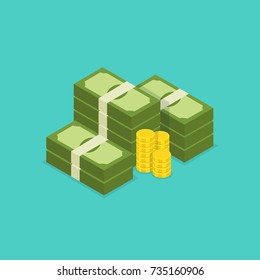 Big stacked dollar pile of cash and gold coins. Hundreds of dollars. Vector isometric illustration.