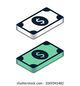Big stacked pile of cash. Flat style isometric illustration. Vector set.