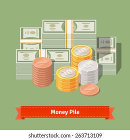 Big stacked pile of cash. Hundreds of dollars and some coins. Money talks concept. Flat style vector illustration.