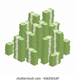 Big stacked pile of cash. Hundreds of dollars in flat style isometric illustration. Big money concept. Stacked pile of hundred us dollar cash. Big pile of cash.