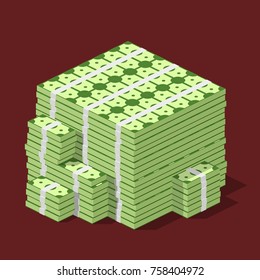 Big stacked pile of cash. Hundreds of dollars in flat style isometric. Huge stacked pile of hundred us dollar cash. Big money concept. Vector illustration