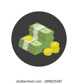 Big stacked pile of cash icon. Hundreds of dollars. Heap of cash, American dollars, pack, parcel, batch, flock, package modern design isolated on white background in flat style.