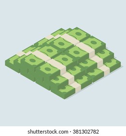 Big stacked pile of cash. A lot of money. Isometric vector illustration