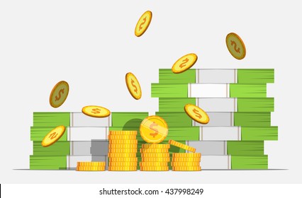 Big stacked pile of cash money and some gold coins. Coin Falls. Flat style cash money illustration.