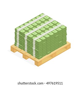 Big stacked pile of cash on the pallet. Hundreds of dollars in flat style isometric illustration. Big money concept. Stacked pile of hundred us dollar cash. Big pile of cash.