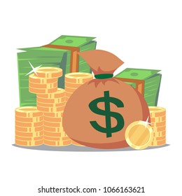 Big stacked pile of cash and some gold coins bag of money. Vector flat cartoon illustration eps10