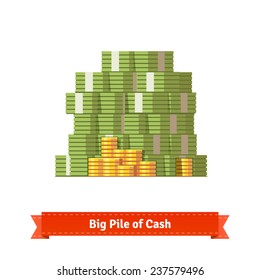 Big stacked pile of cash and some gold coins. Flat style illustration. EPS 10 vector.