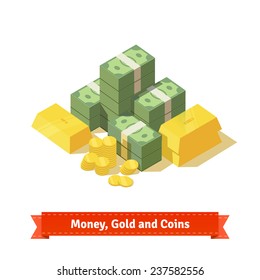 Big stacked pile of cash. Some gold bars and coins. Personal treasure. Flat style isometric illustration. EPS 10 vector.