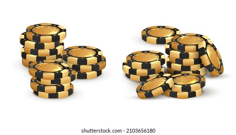 Big stacks of black and gold  poker chips, tokens on white background. Vector illustration for casino, game design, flyer, poster, banner, web, advertising.