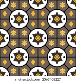 Big star and flower in white circle and diamond all-over tile seamless pattern.