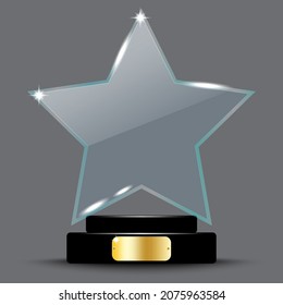 Gran trofeo de cristal de estrella. Fondo gris. Diseño brillante. Tiempo deportivo. Concepto de ganador. Ilustración vectorial. Imagen de archivo. 