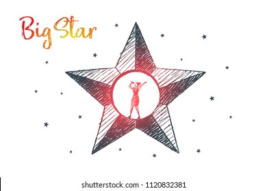 Big Star. The singer is standing inside the big star. Vector lifestyle concept illustration, hand drawn sketch.