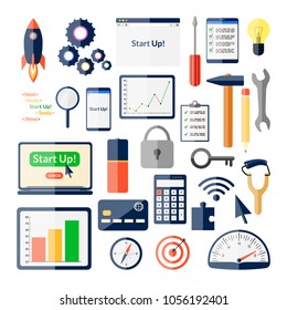 Big startup icons collection. Business clipart. Technology elements set