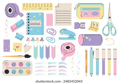 big stationery set, back to school elements, pencil case, pencil, pen, stickers, arrow, brush stroke, stapler, paints, scissors, paper etc