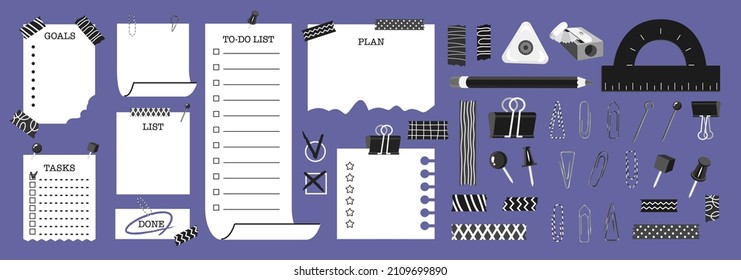 Big Stationery set and Check list collection decorated with pins, tape pieces, clips. Note paper with check marks and space for text. Daily and weekly planners. Vector illustration. Isolated elements.