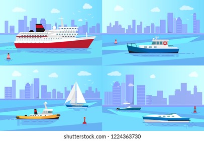 Big steamer, fishing boat, small ferry, luxurious sailboat, small motor boat and modern yacht in sea near shore with skyscrapers vector illustrations.