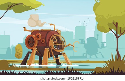 Grande machine à vapeur vintage avec bras robotisés et homme en cabine, illustration vectorielle dessinée à l'extérieur