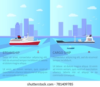 Big steamship and spacious cargo ship near coastline with high skyscrapers and blue sky with white clouds and gulls vector illustrations.