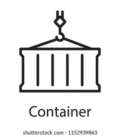 
A big steel storage box being held and lifted by a hook, idealising the icon for container 
