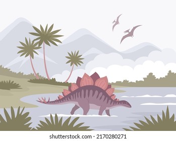 Big stegosaurus with a spiked tail. Bathes in water. Ancient lizard. Herbivorous dinosaur of the Jurassic period. Vector cartoon illustration. Prehistoric nature. Wild landscape with a lake