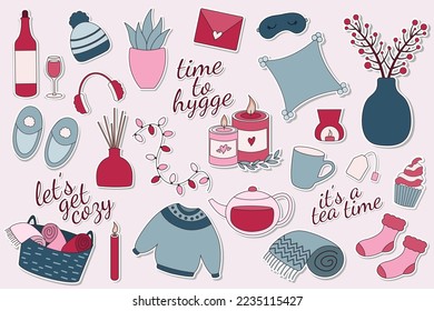 Big sticker collection with hygge style stickers. Cosy home elements