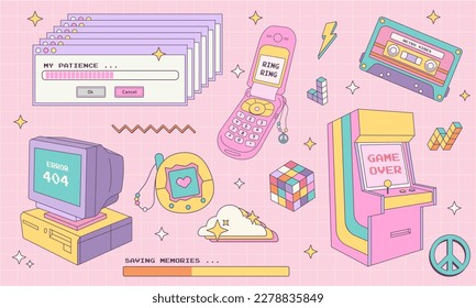 Big sticker collection in trendy retro y2k style. Kawaii elements set. Glamour 2000s. Nostalgia for 1990s -2000s.Vector illustration
