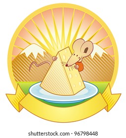 Big sticker label with a slice of cheese on a plate and a mouse in front of a sunny mountain landscape