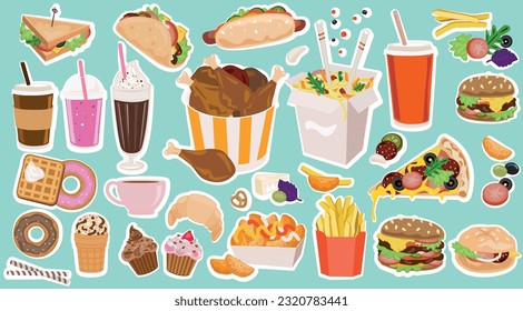 Big sticker pack. Cartoon fast food unhealthy burger sandwich, hamburger, pizza meal restaurant menu snack vector illustration.