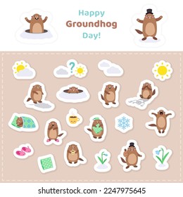 Big sticker pack with cute cartoon marmot in various poses and Happy Groundhog Day design elements. Printable vector illustration. For web, app, print, banner, poster, greeting card and other design 